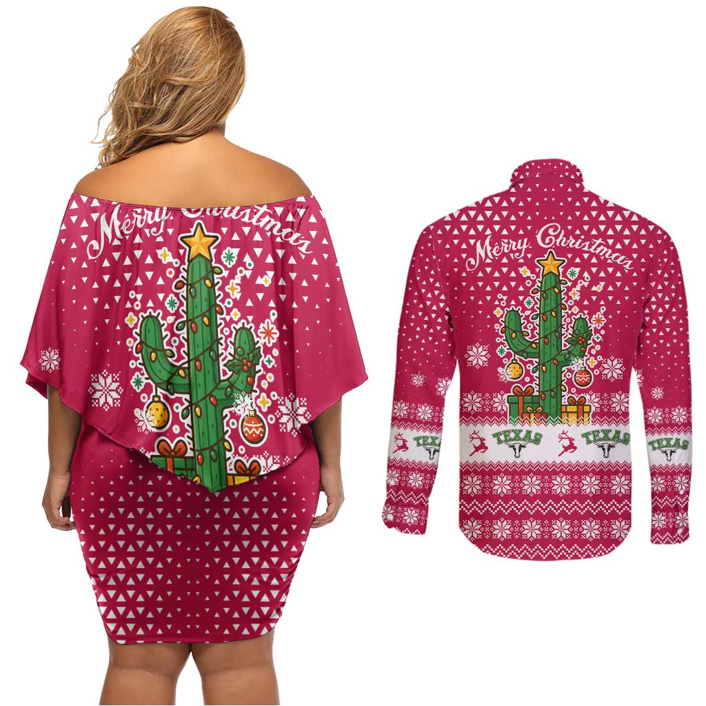 Texas Christmas Couples Matching Off Shoulder Short Dress and Long Sleeve Button Shirt with Red and White Snowflake Pattern Longhorn Skull and Christmas Cactus Motif - Wonder Print Shop