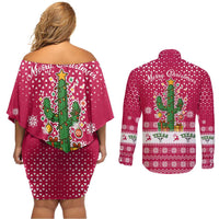 Texas Christmas Couples Matching Off Shoulder Short Dress and Long Sleeve Button Shirt with Red and White Snowflake Pattern Longhorn Skull and Christmas Cactus Motif - Wonder Print Shop