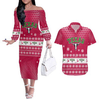 Texas Christmas Couples Matching Off The Shoulder Long Sleeve Dress and Hawaiian Shirt with Red and White Snowflake Pattern Longhorn Skull and Christmas Cactus Motif - Wonder Print Shop