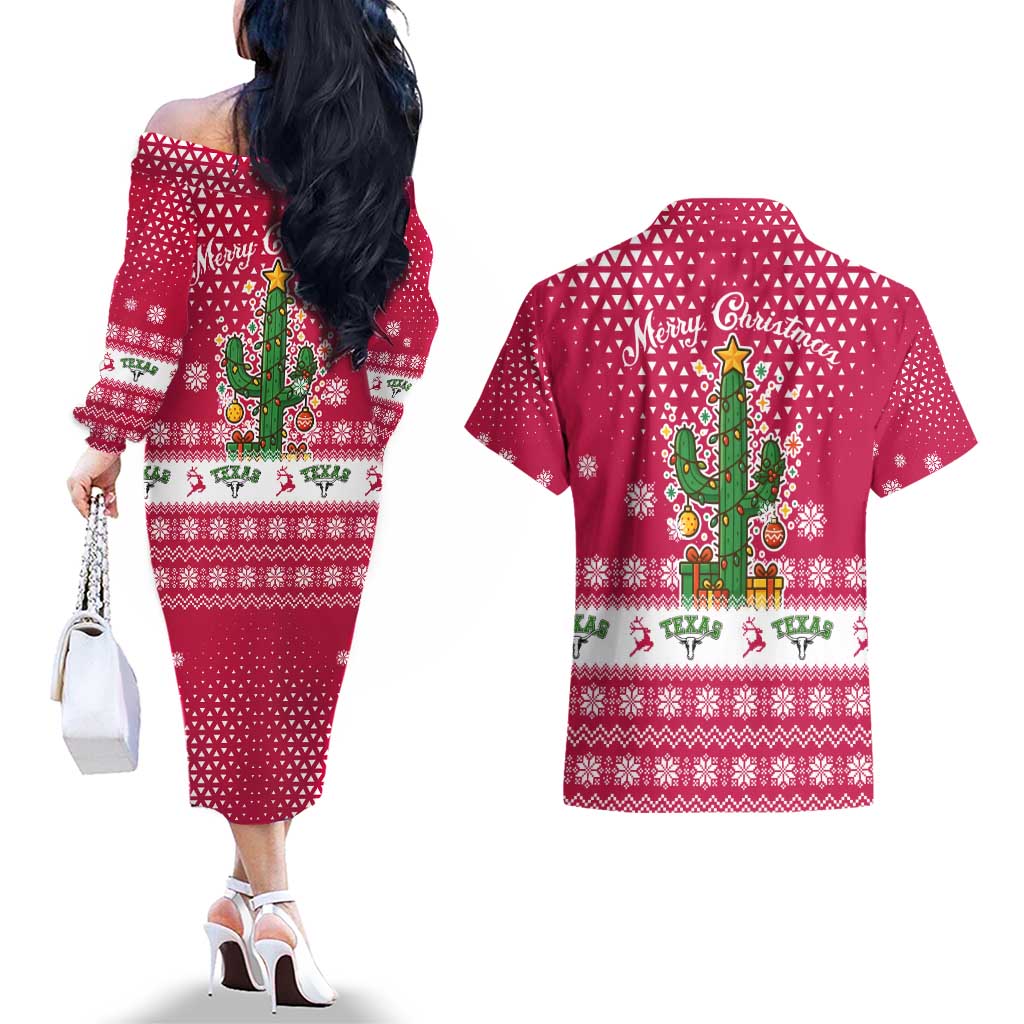 Texas Christmas Couples Matching Off The Shoulder Long Sleeve Dress and Hawaiian Shirt with Red and White Snowflake Pattern Longhorn Skull and Christmas Cactus Motif - Wonder Print Shop