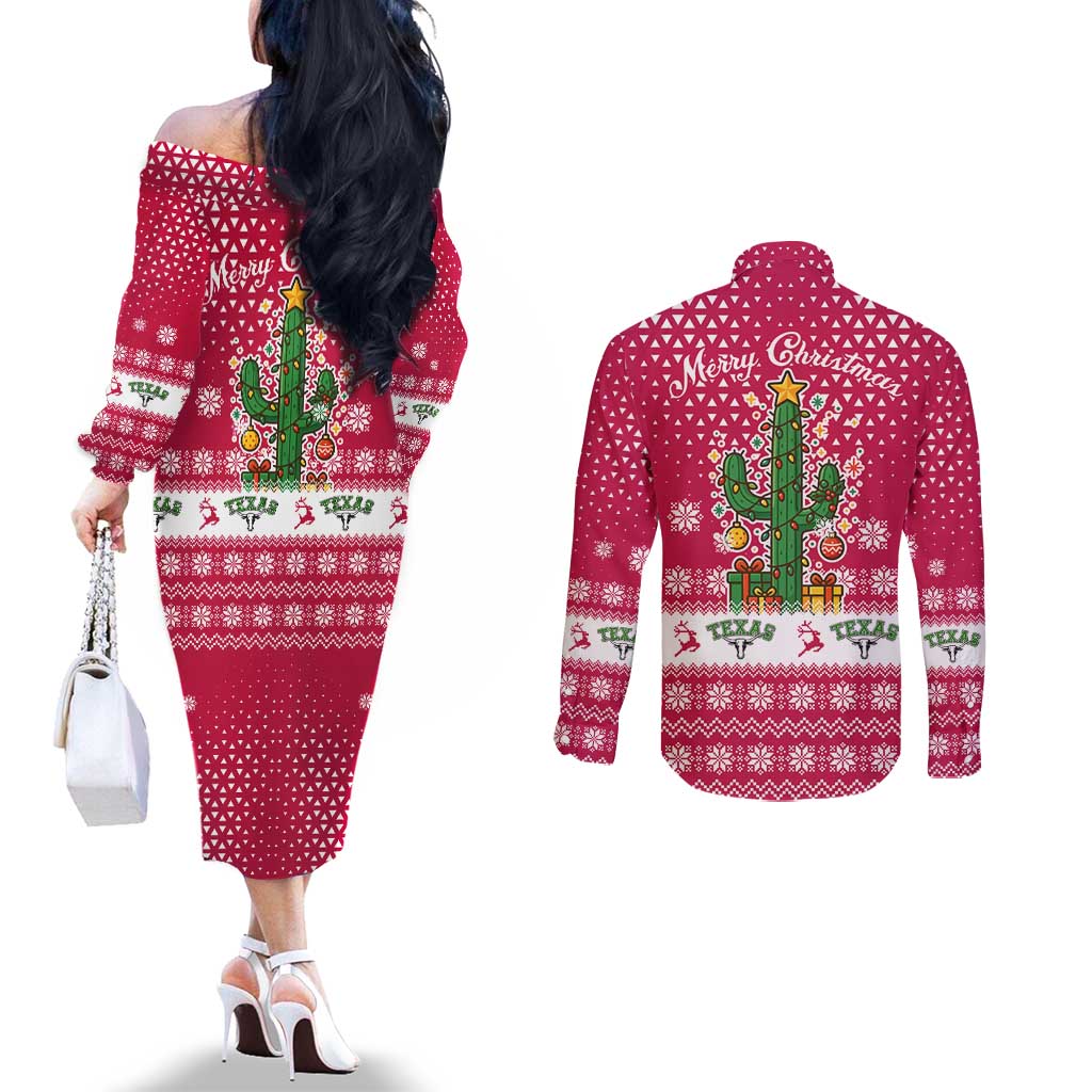 Texas Christmas Couples Matching Off The Shoulder Long Sleeve Dress and Long Sleeve Button Shirt with Red and White Snowflake Pattern Longhorn Skull and Christmas Cactus Motif - Wonder Print Shop