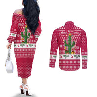 Texas Christmas Couples Matching Off The Shoulder Long Sleeve Dress and Long Sleeve Button Shirt with Red and White Snowflake Pattern Longhorn Skull and Christmas Cactus Motif - Wonder Print Shop