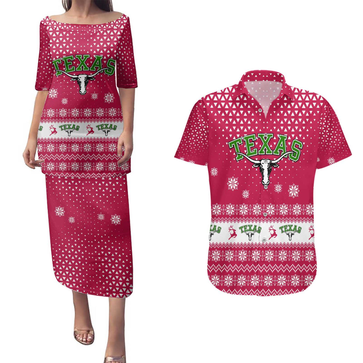 Texas Christmas Couples Matching Puletasi and Hawaiian Shirt with Red and White Snowflake Pattern Longhorn Skull and Christmas Cactus Motif - Wonder Print Shop