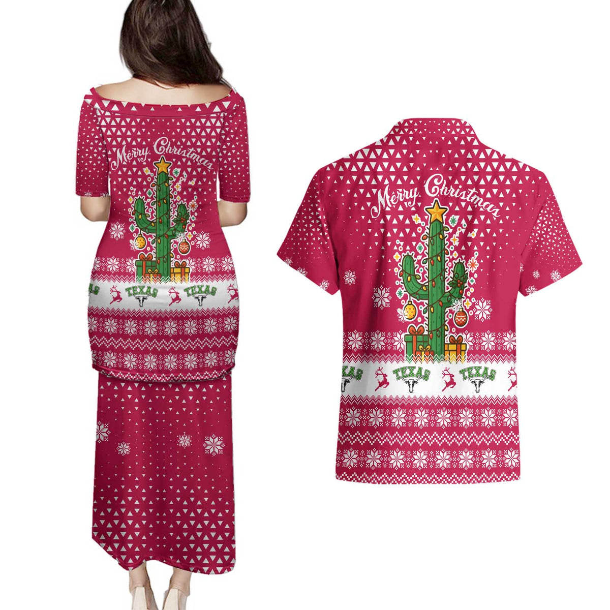 Texas Christmas Couples Matching Puletasi and Hawaiian Shirt with Red and White Snowflake Pattern Longhorn Skull and Christmas Cactus Motif - Wonder Print Shop
