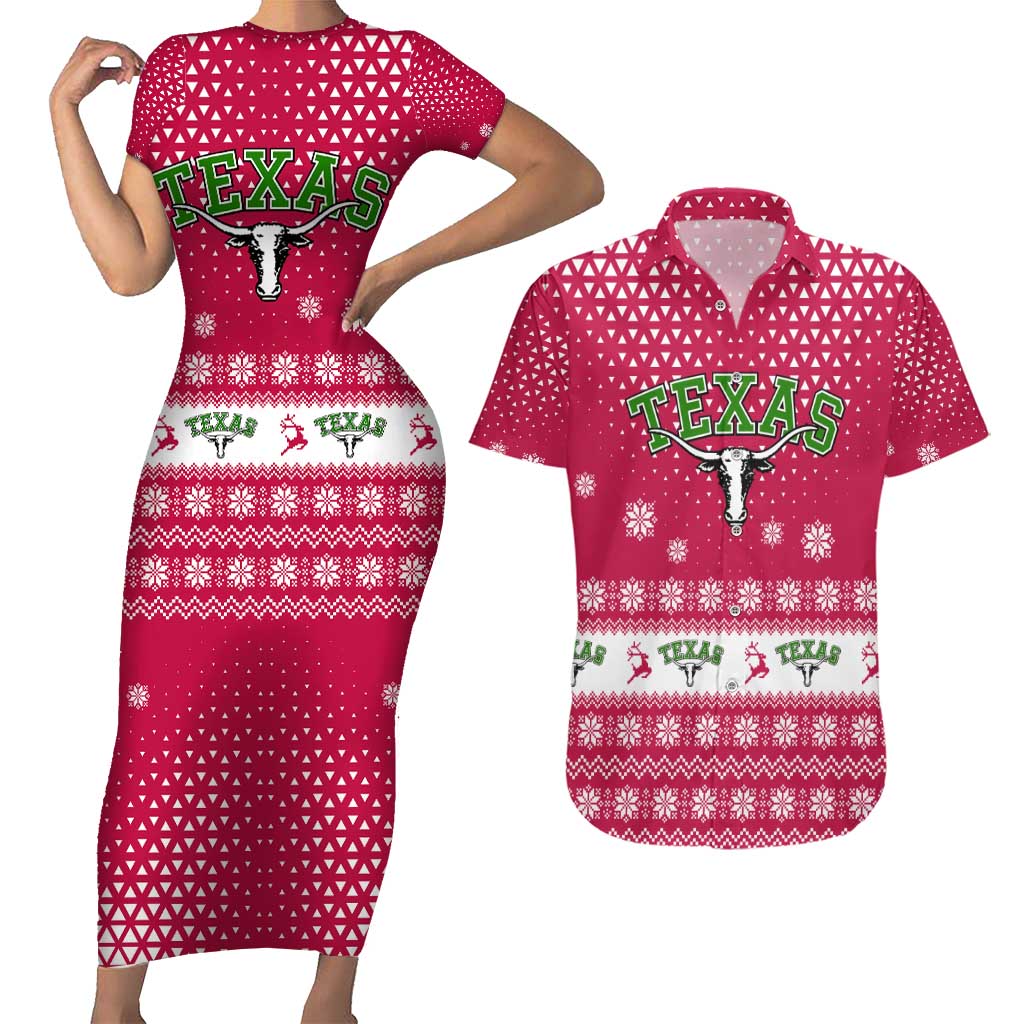 Texas Christmas Couples Matching Short Sleeve Bodycon Dress and Hawaiian Shirt with Red and White Snowflake Pattern Longhorn Skull and Christmas Cactus Motif - Wonder Print Shop