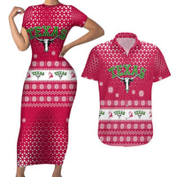 Texas Christmas Couples Matching Short Sleeve Bodycon Dress and Hawaiian Shirt with Red and White Snowflake Pattern Longhorn Skull and Christmas Cactus Motif - Wonder Print Shop