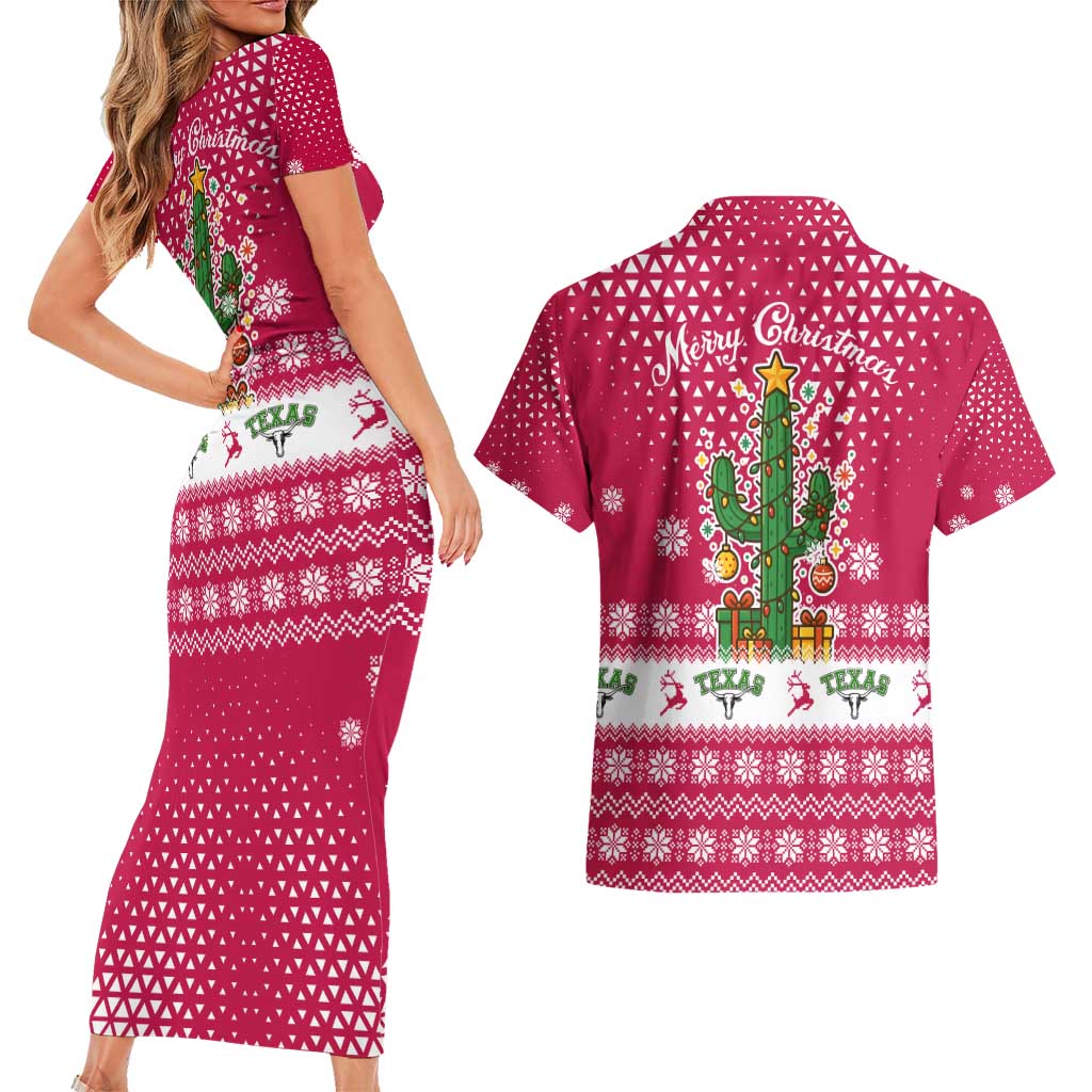 Texas Christmas Couples Matching Short Sleeve Bodycon Dress and Hawaiian Shirt with Red and White Snowflake Pattern Longhorn Skull and Christmas Cactus Motif - Wonder Print Shop