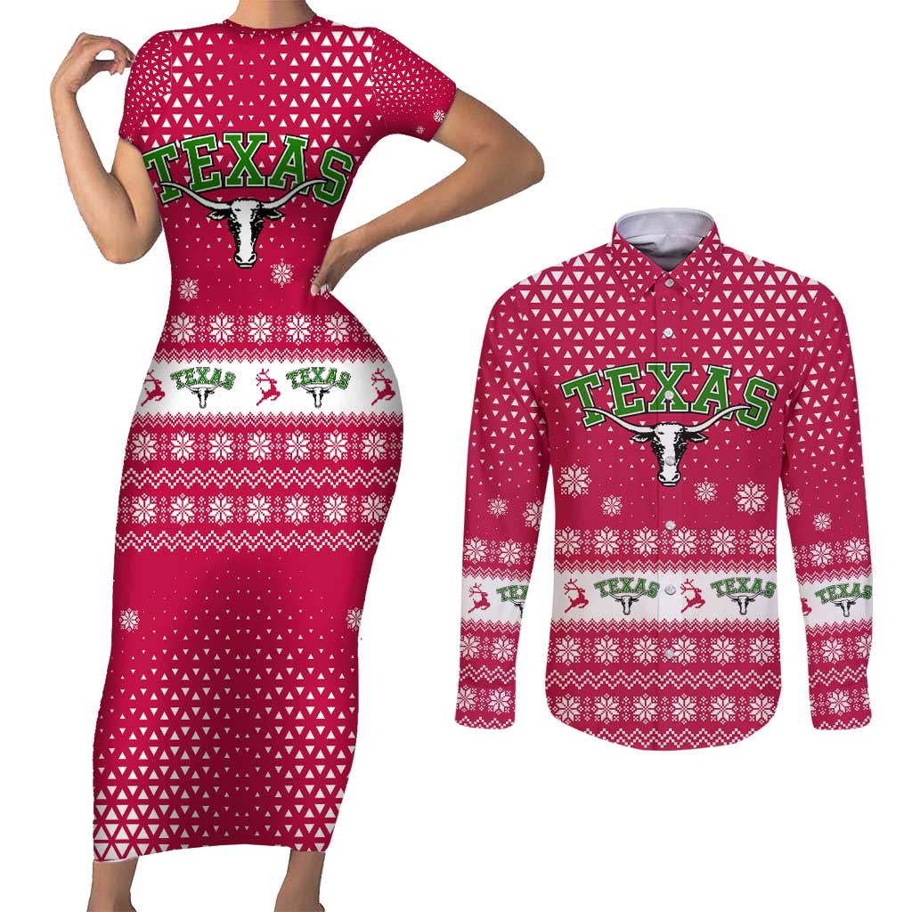 Texas Christmas Couples Matching Short Sleeve Bodycon Dress and Long Sleeve Button Shirt with Red and White Snowflake Pattern Longhorn Skull and Christmas Cactus Motif - Wonder Print Shop