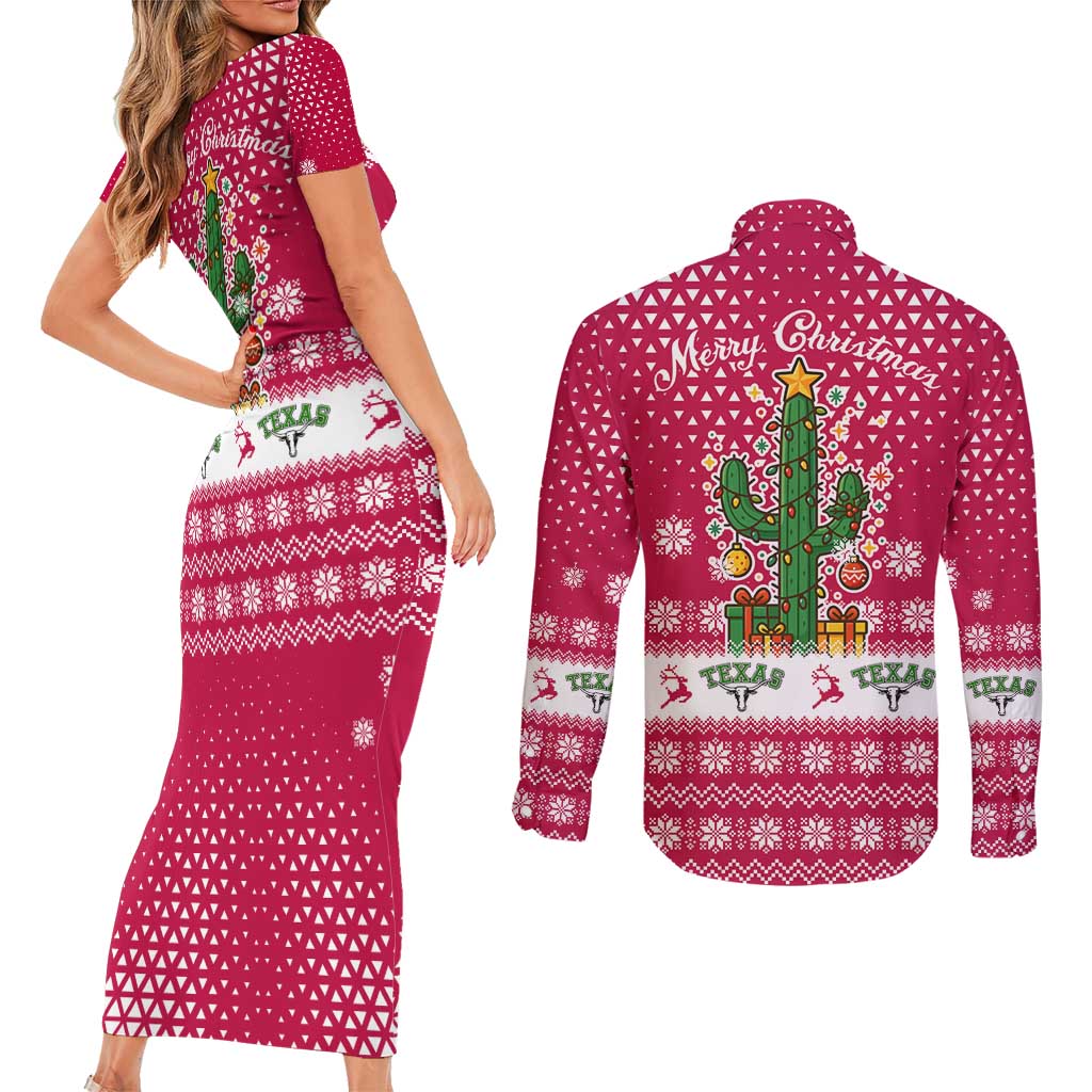 Texas Christmas Couples Matching Short Sleeve Bodycon Dress and Long Sleeve Button Shirt with Red and White Snowflake Pattern Longhorn Skull and Christmas Cactus Motif - Wonder Print Shop