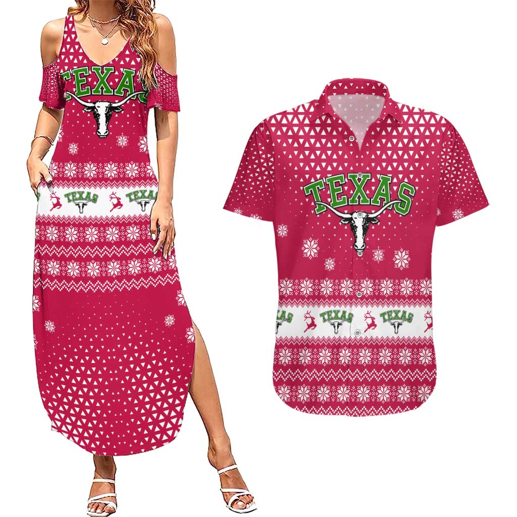 Texas Christmas Couples Matching Summer Maxi Dress and Hawaiian Shirt with Red and White Snowflake Pattern Longhorn Skull and Christmas Cactus Motif - Wonder Print Shop