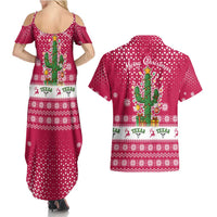Texas Christmas Couples Matching Summer Maxi Dress and Hawaiian Shirt with Red and White Snowflake Pattern Longhorn Skull and Christmas Cactus Motif - Wonder Print Shop