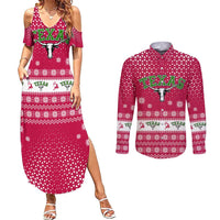 Texas Christmas Couples Matching Summer Maxi Dress and Long Sleeve Button Shirt with Red and White Snowflake Pattern Longhorn Skull and Christmas Cactus Motif - Wonder Print Shop