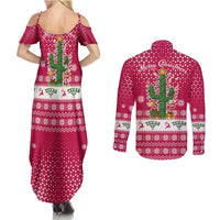 Texas Christmas Couples Matching Summer Maxi Dress and Long Sleeve Button Shirt with Red and White Snowflake Pattern Longhorn Skull and Christmas Cactus Motif - Wonder Print Shop