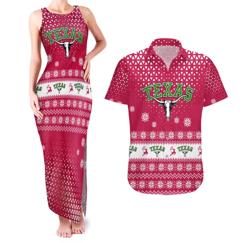 Texas Christmas Couples Matching Tank Maxi Dress and Hawaiian Shirt with Red and White Snowflake Pattern Longhorn Skull and Christmas Cactus Motif - Wonder Print Shop