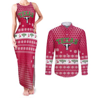 Texas Christmas Couples Matching Tank Maxi Dress and Long Sleeve Button Shirt with Red and White Snowflake Pattern Longhorn Skull and Christmas Cactus Motif - Wonder Print Shop