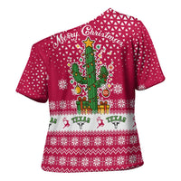 Texas Christmas Cross Shoulder Shirt with Red and White Snowflake Pattern Longhorn Skull and Christmas Cactus Motif - Wonder Print Shop