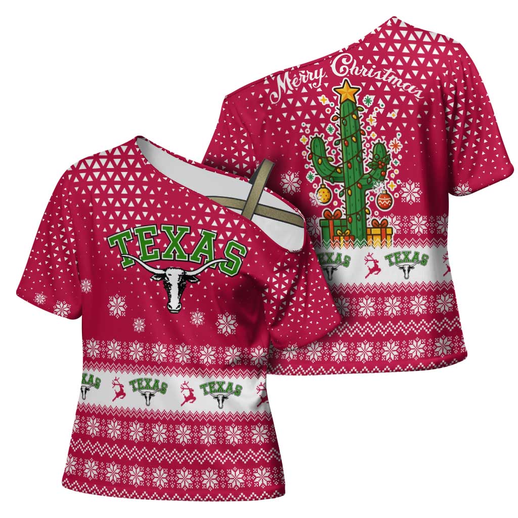 Texas Christmas Cross Shoulder Shirt with Red and White Snowflake Pattern Longhorn Skull and Christmas Cactus Motif - Wonder Print Shop