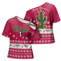 Texas Christmas Cross Shoulder Shirt with Red and White Snowflake Pattern Longhorn Skull and Christmas Cactus Motif - Wonder Print Shop