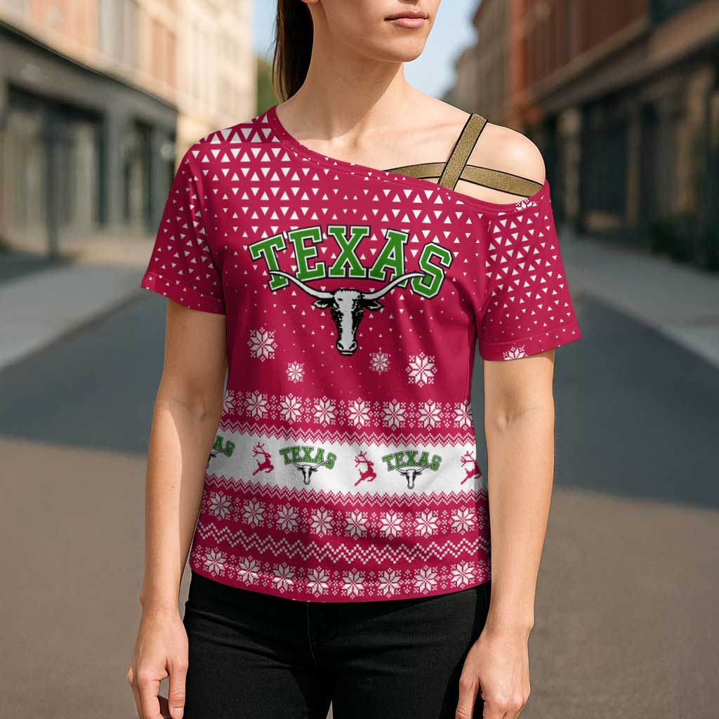 Texas Christmas Cross Shoulder Shirt with Red and White Snowflake Pattern Longhorn Skull and Christmas Cactus Motif - Wonder Print Shop