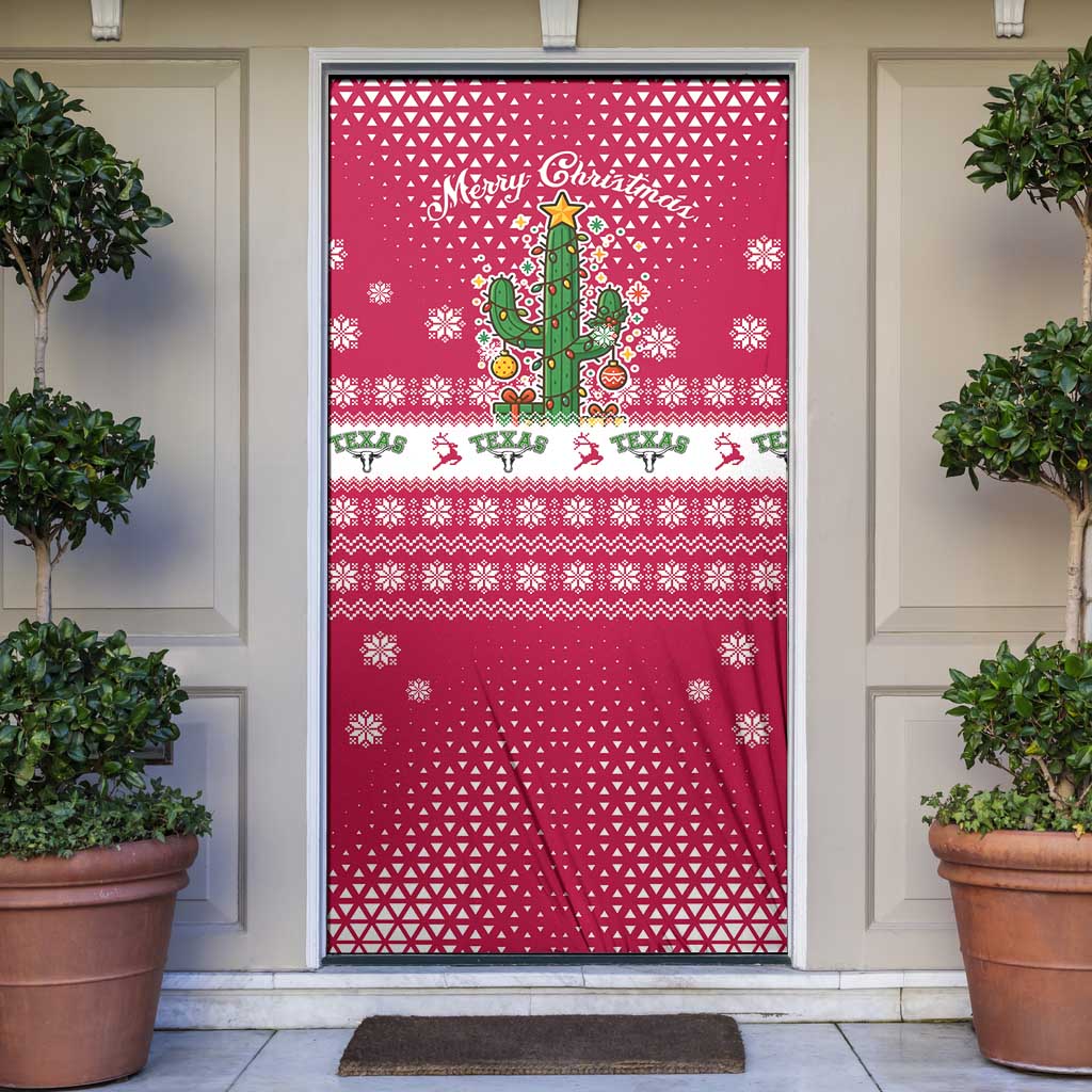 Texas Christmas Door Cover with Red and White Snowflake Pattern Longhorn Skull and Christmas Cactus Motif - Wonder Print Shop