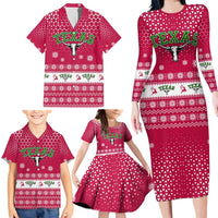 Texas Christmas Family Matching Long Sleeve Bodycon Dress and Hawaiian Shirt with Red and White Snowflake Pattern Longhorn Skull and Christmas Cactus Motif - Wonder Print Shop