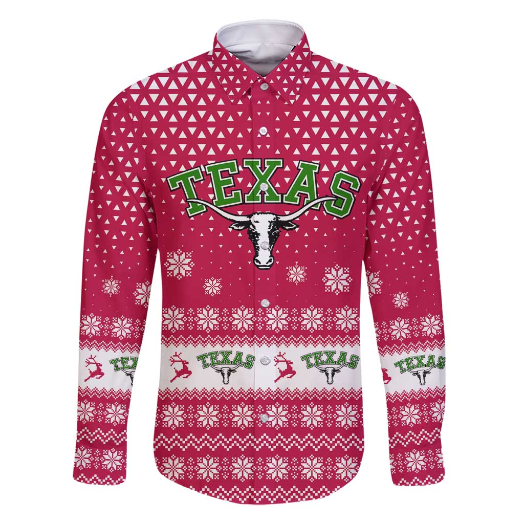 Texas Christmas Family Matching Long Sleeve Bodycon Dress and Hawaiian Shirt with Red and White Snowflake Pattern Longhorn Skull and Christmas Cactus Motif - Wonder Print Shop