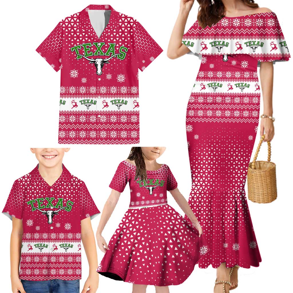 Texas Christmas Family Matching Mermaid Dress and Hawaiian Shirt with Red and White Snowflake Pattern Longhorn Skull and Christmas Cactus Motif - Wonder Print Shop