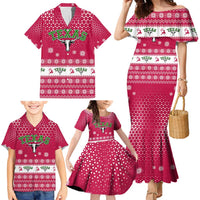 Texas Christmas Family Matching Mermaid Dress and Hawaiian Shirt with Red and White Snowflake Pattern Longhorn Skull and Christmas Cactus Motif - Wonder Print Shop