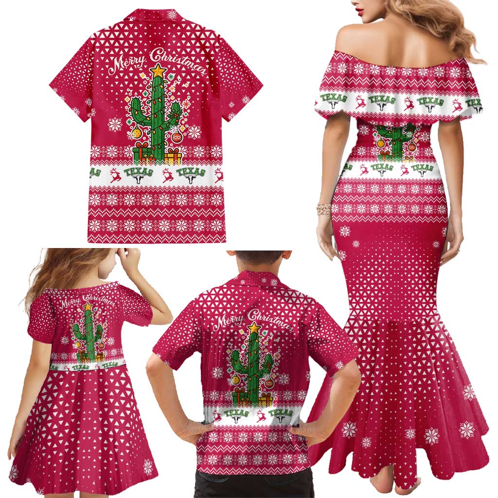 Texas Christmas Family Matching Mermaid Dress and Hawaiian Shirt with Red and White Snowflake Pattern Longhorn Skull and Christmas Cactus Motif - Wonder Print Shop