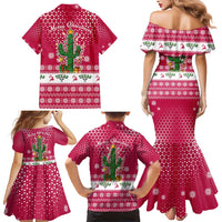 Texas Christmas Family Matching Mermaid Dress and Hawaiian Shirt with Red and White Snowflake Pattern Longhorn Skull and Christmas Cactus Motif - Wonder Print Shop