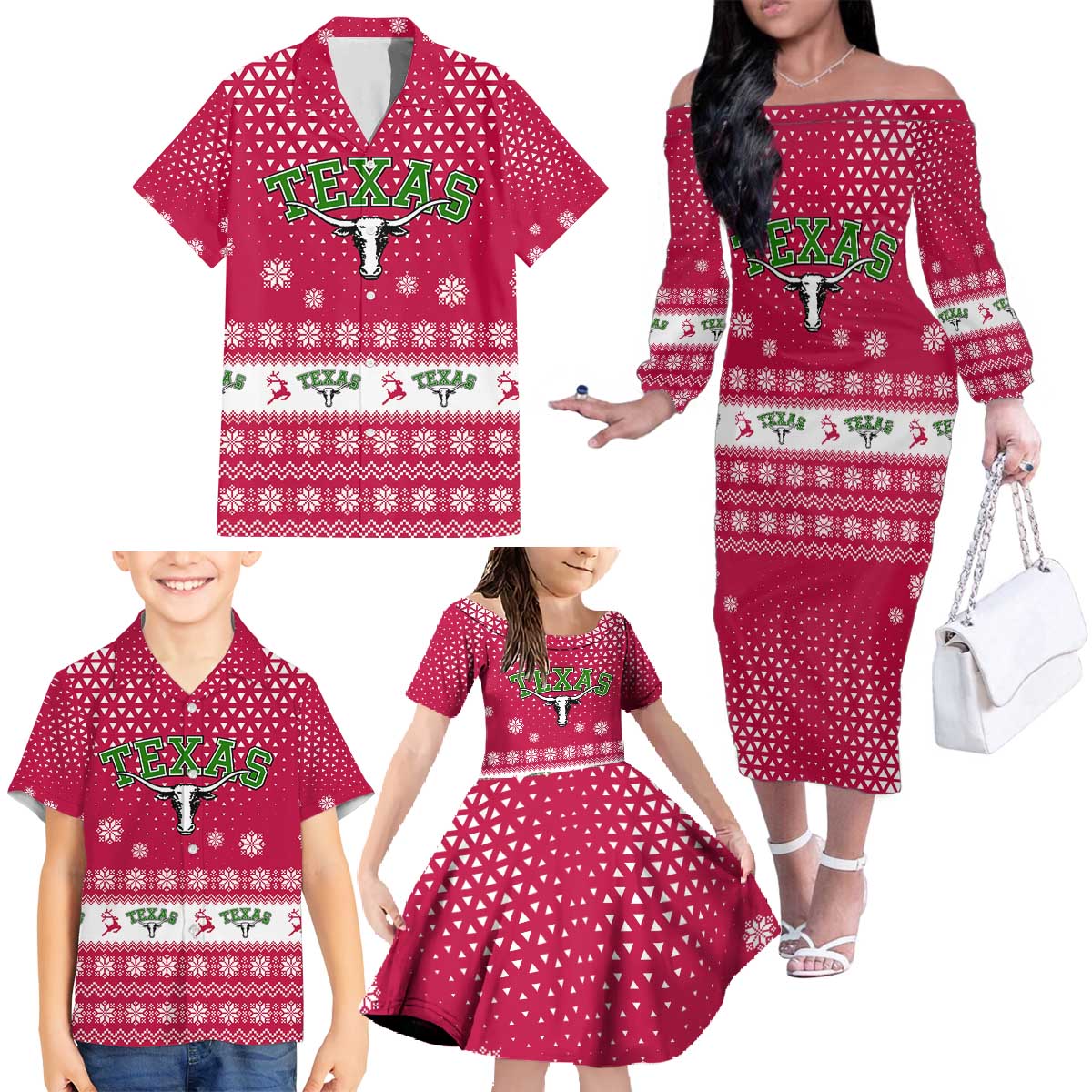 Texas Christmas Family Matching Off The Shoulder Long Sleeve Dress and Hawaiian Shirt with Red and White Snowflake Pattern Longhorn Skull and Christmas Cactus Motif - Wonder Print Shop