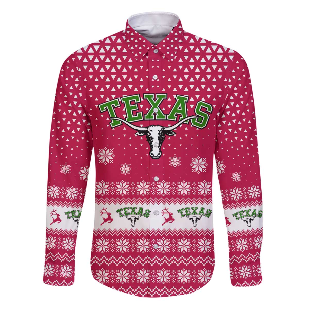 Texas Christmas Family Matching Off The Shoulder Long Sleeve Dress and Hawaiian Shirt with Red and White Snowflake Pattern Longhorn Skull and Christmas Cactus Motif - Wonder Print Shop