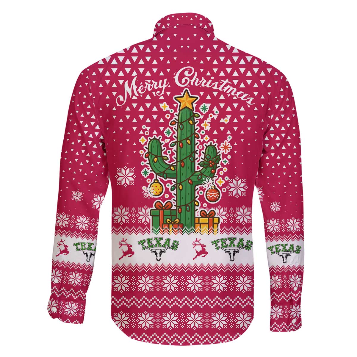 Texas Christmas Family Matching Off The Shoulder Long Sleeve Dress and Hawaiian Shirt with Red and White Snowflake Pattern Longhorn Skull and Christmas Cactus Motif - Wonder Print Shop