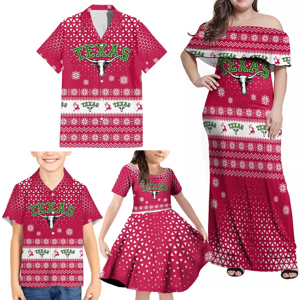 Texas Christmas Family Matching Off Shoulder Maxi Dress and Hawaiian Shirt with Red and White Snowflake Pattern Longhorn Skull and Christmas Cactus Motif - Wonder Print Shop
