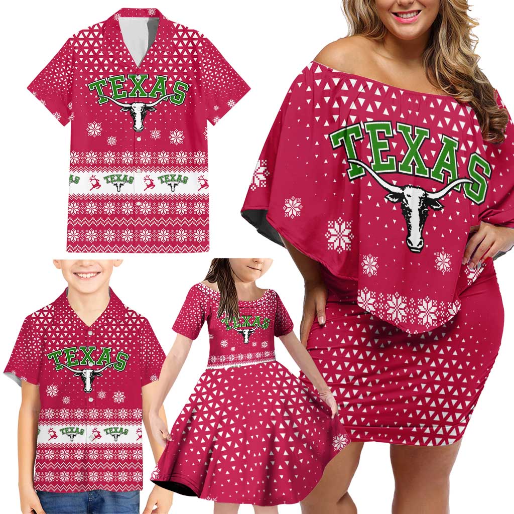 Texas Christmas Family Matching Off Shoulder Short Dress and Hawaiian Shirt with Red and White Snowflake Pattern Longhorn Skull and Christmas Cactus Motif - Wonder Print Shop