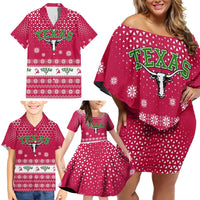 Texas Christmas Family Matching Off Shoulder Short Dress and Hawaiian Shirt with Red and White Snowflake Pattern Longhorn Skull and Christmas Cactus Motif - Wonder Print Shop