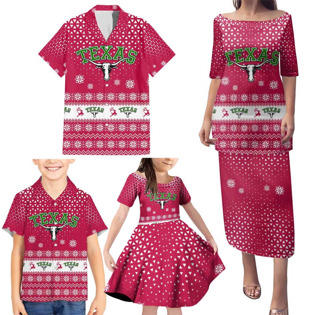 Texas Christmas Family Matching Puletasi and Hawaiian Shirt with Red and White Snowflake Pattern Longhorn Skull and Christmas Cactus Motif - Wonder Print Shop