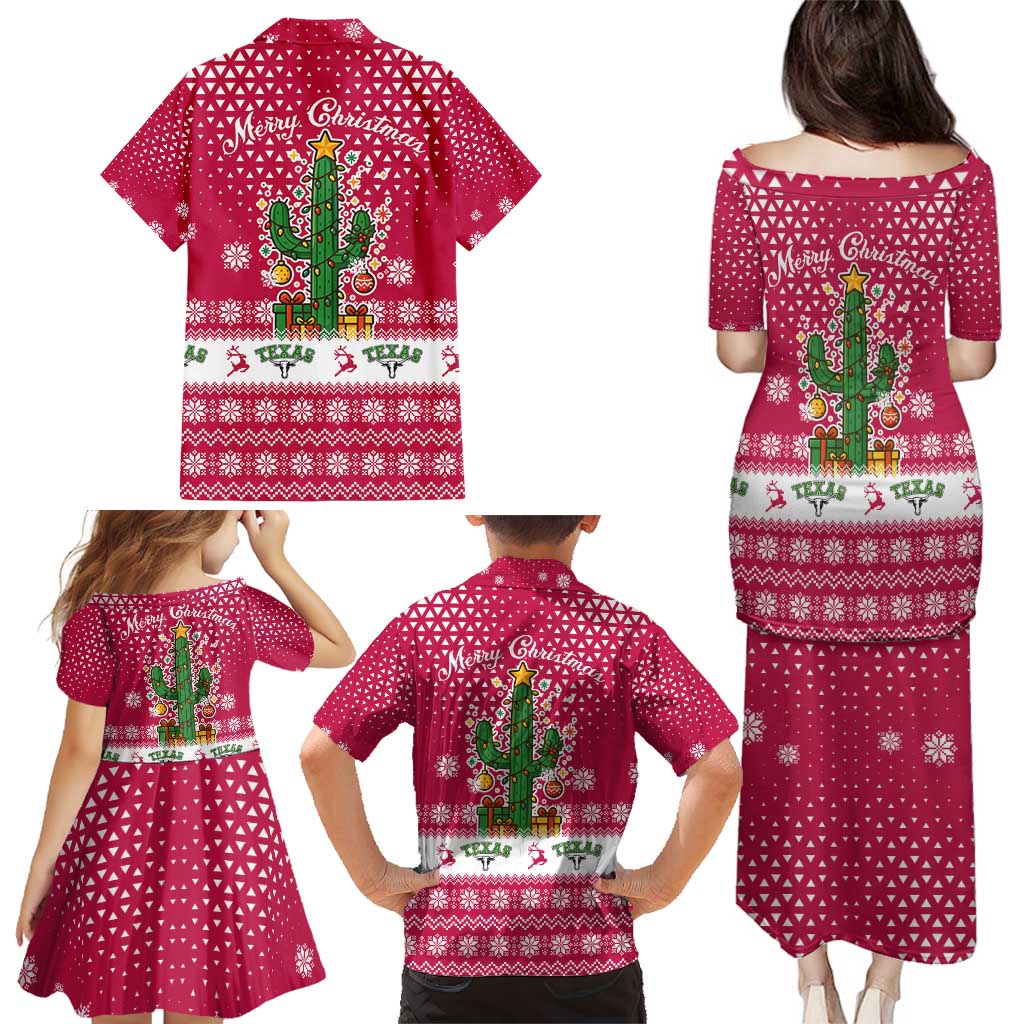 Texas Christmas Family Matching Puletasi and Hawaiian Shirt with Red and White Snowflake Pattern Longhorn Skull and Christmas Cactus Motif - Wonder Print Shop