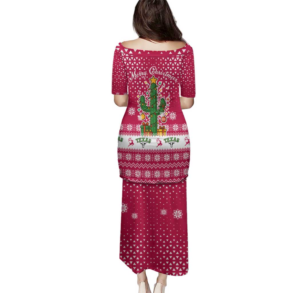 Texas Christmas Family Matching Puletasi and Hawaiian Shirt with Red and White Snowflake Pattern Longhorn Skull and Christmas Cactus Motif - Wonder Print Shop