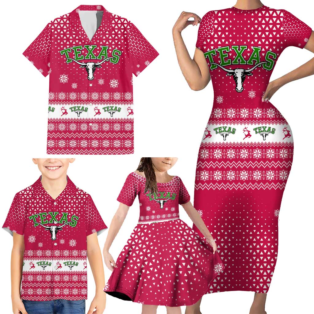 Texas Christmas Family Matching Short Sleeve Bodycon Dress and Hawaiian Shirt with Red and White Snowflake Pattern Longhorn Skull and Christmas Cactus Motif - Wonder Print Shop