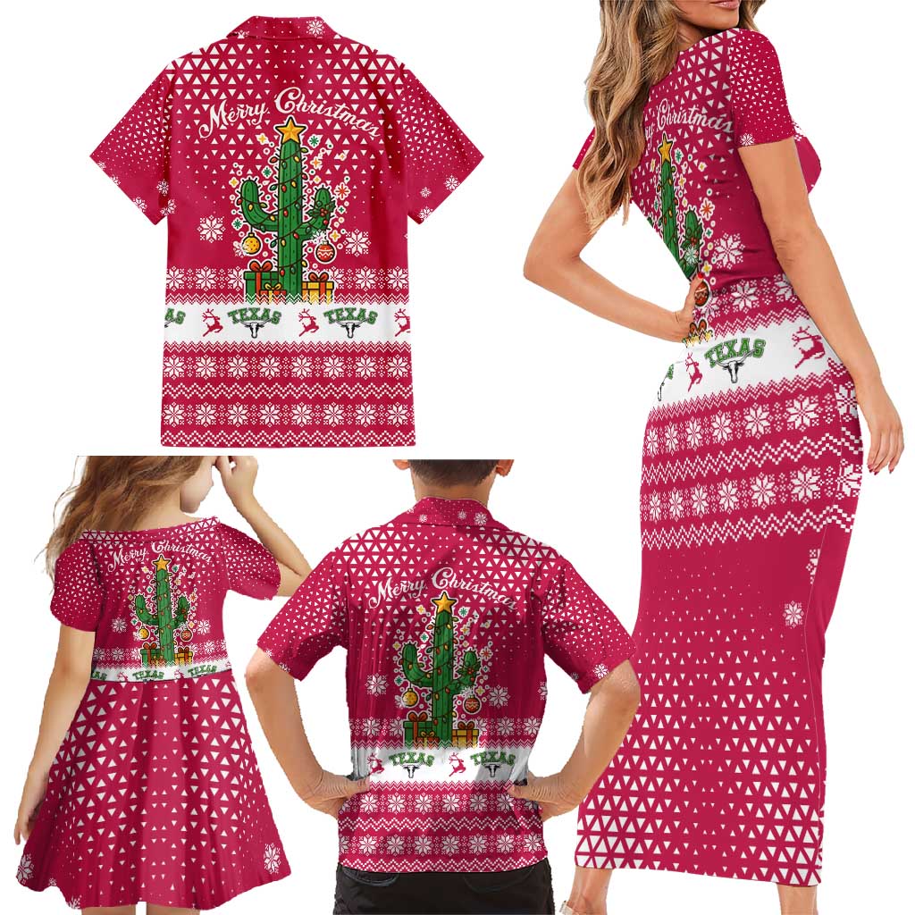 Texas Christmas Family Matching Short Sleeve Bodycon Dress and Hawaiian Shirt with Red and White Snowflake Pattern Longhorn Skull and Christmas Cactus Motif - Wonder Print Shop