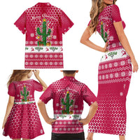 Texas Christmas Family Matching Short Sleeve Bodycon Dress and Hawaiian Shirt with Red and White Snowflake Pattern Longhorn Skull and Christmas Cactus Motif - Wonder Print Shop