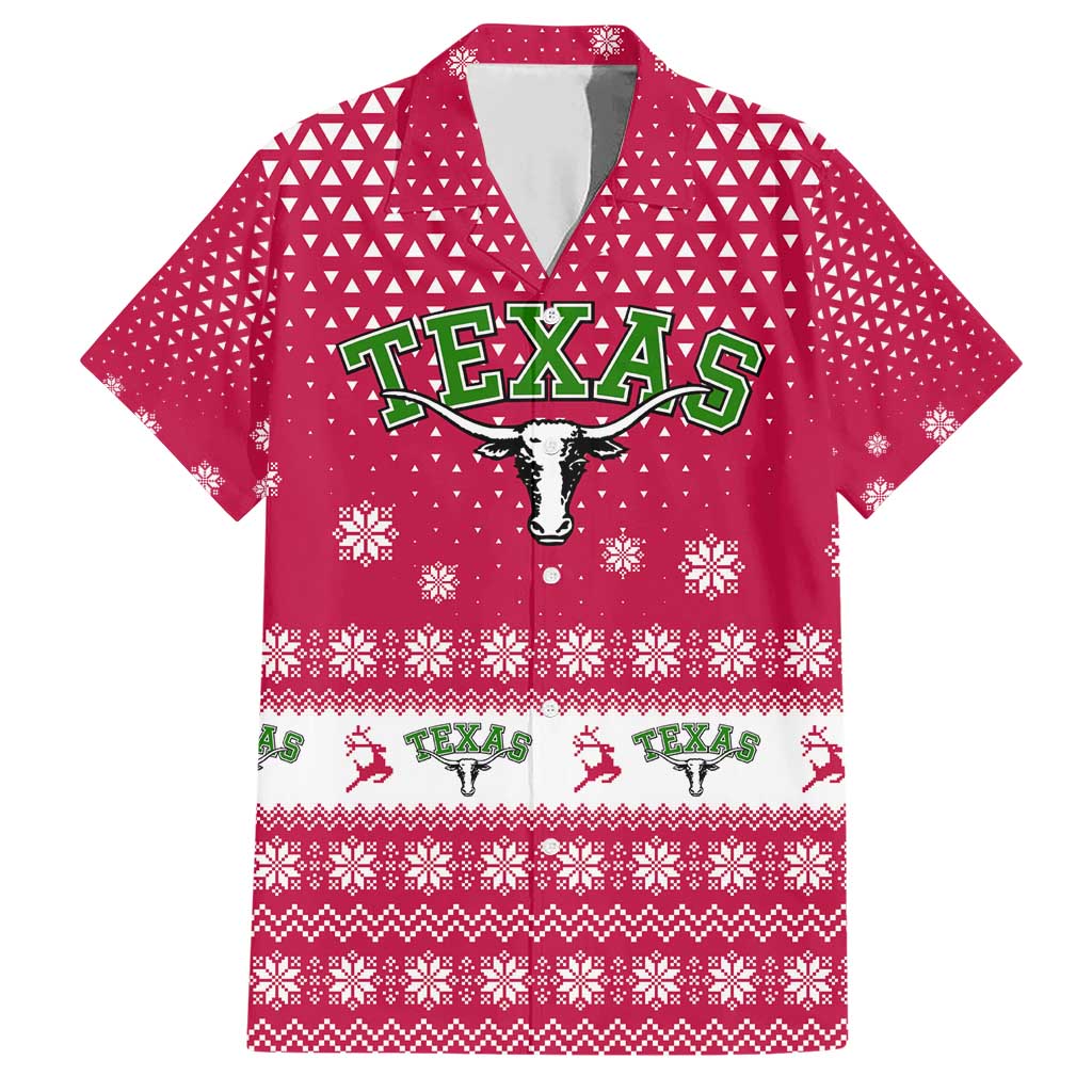 Texas Christmas Family Matching Short Sleeve Bodycon Dress and Hawaiian Shirt with Red and White Snowflake Pattern Longhorn Skull and Christmas Cactus Motif - Wonder Print Shop