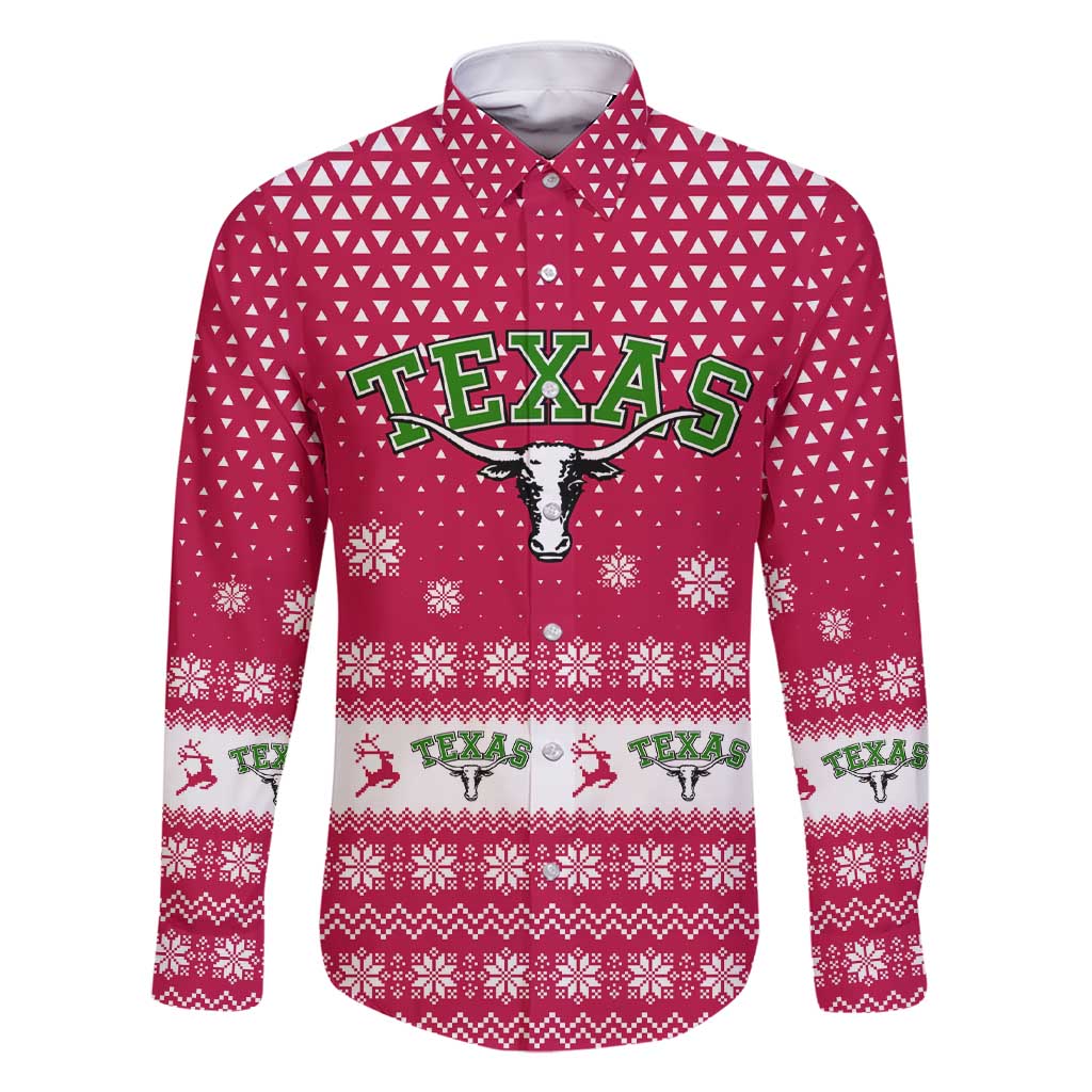 Texas Christmas Family Matching Short Sleeve Bodycon Dress and Hawaiian Shirt with Red and White Snowflake Pattern Longhorn Skull and Christmas Cactus Motif - Wonder Print Shop