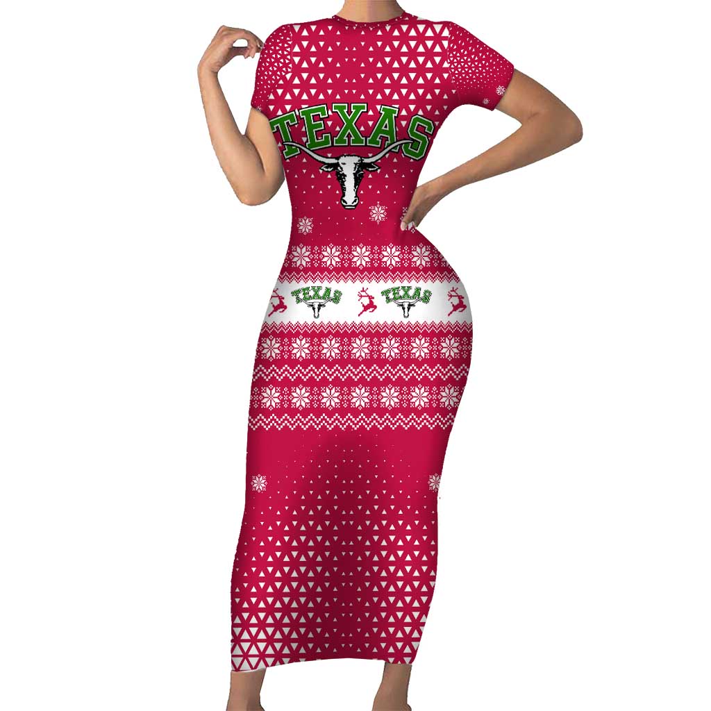 Texas Christmas Family Matching Short Sleeve Bodycon Dress and Hawaiian Shirt with Red and White Snowflake Pattern Longhorn Skull and Christmas Cactus Motif - Wonder Print Shop
