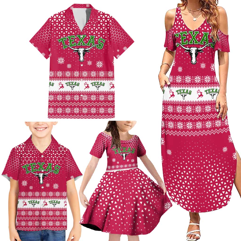 Texas Christmas Family Matching Summer Maxi Dress and Hawaiian Shirt with Red and White Snowflake Pattern Longhorn Skull and Christmas Cactus Motif - Wonder Print Shop