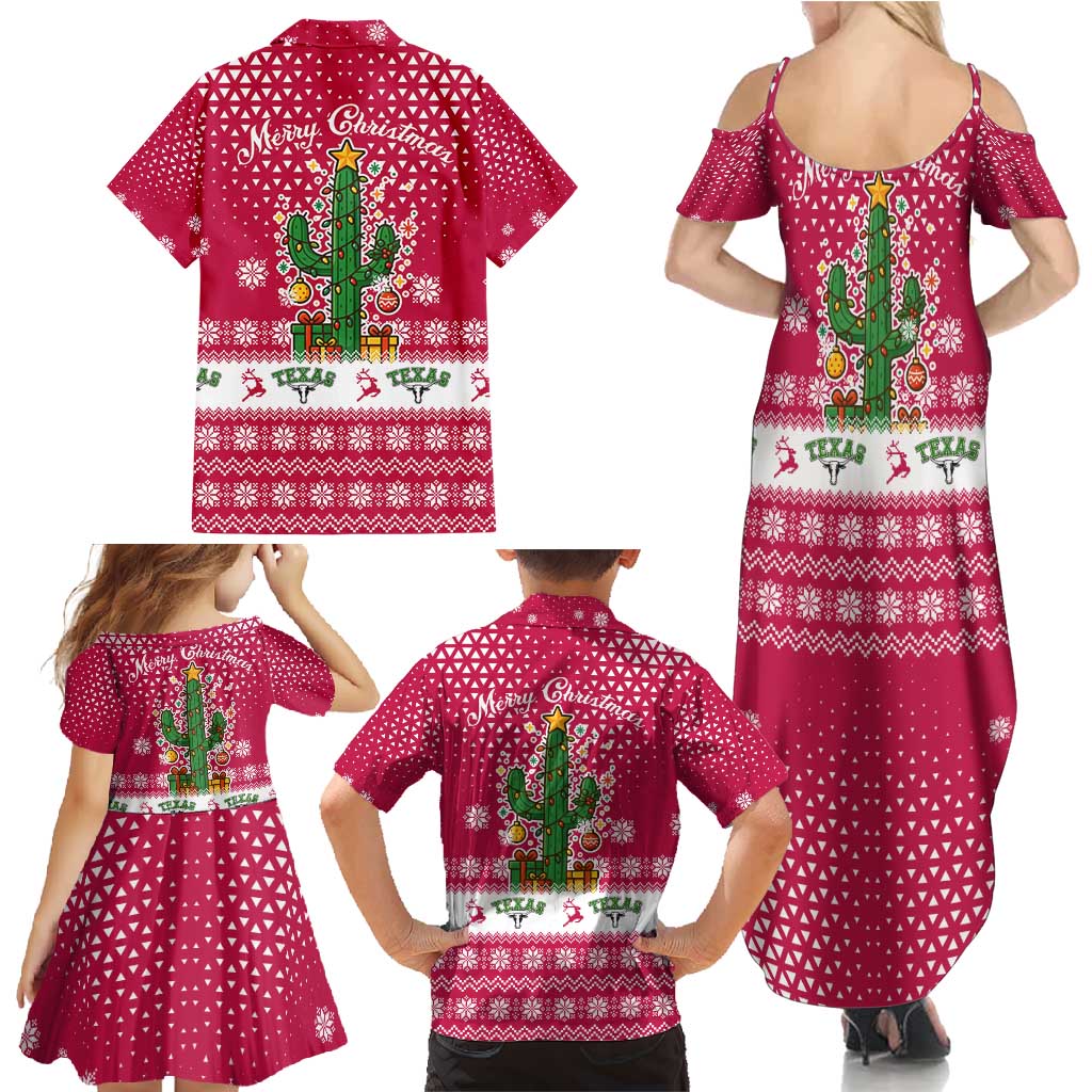 Texas Christmas Family Matching Summer Maxi Dress and Hawaiian Shirt with Red and White Snowflake Pattern Longhorn Skull and Christmas Cactus Motif - Wonder Print Shop