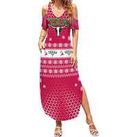 Texas Christmas Family Matching Summer Maxi Dress and Hawaiian Shirt with Red and White Snowflake Pattern Longhorn Skull and Christmas Cactus Motif - Wonder Print Shop