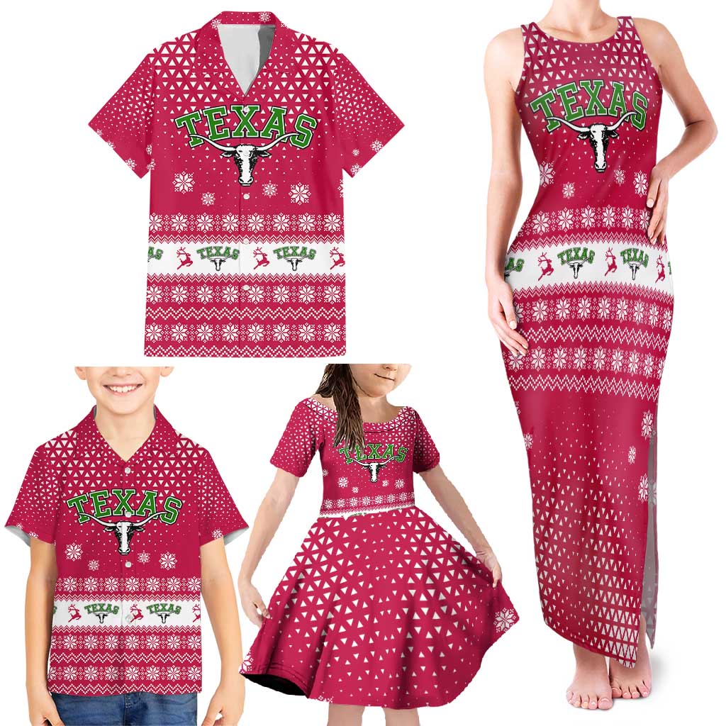 Texas Christmas Family Matching Tank Maxi Dress and Hawaiian Shirt with Red and White Snowflake Pattern Longhorn Skull and Christmas Cactus Motif - Wonder Print Shop