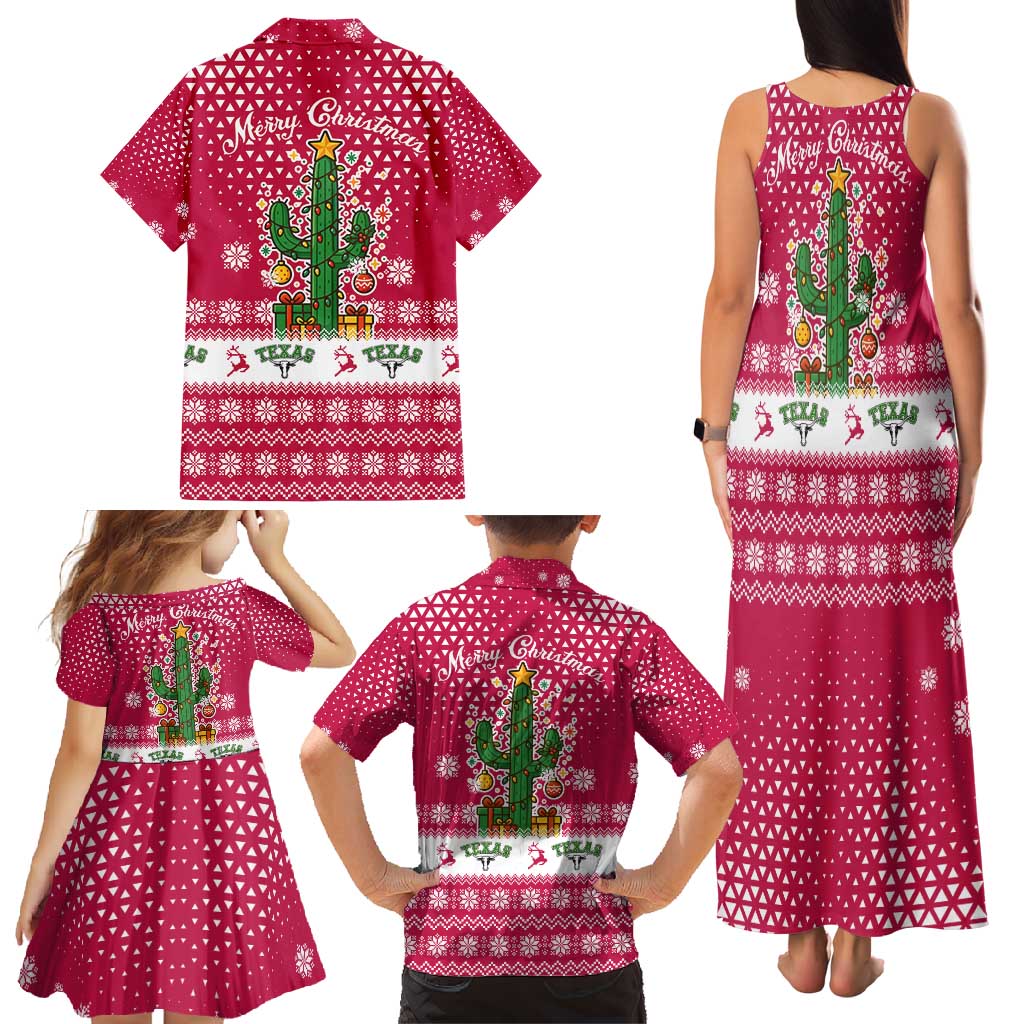 Texas Christmas Family Matching Tank Maxi Dress and Hawaiian Shirt with Red and White Snowflake Pattern Longhorn Skull and Christmas Cactus Motif - Wonder Print Shop